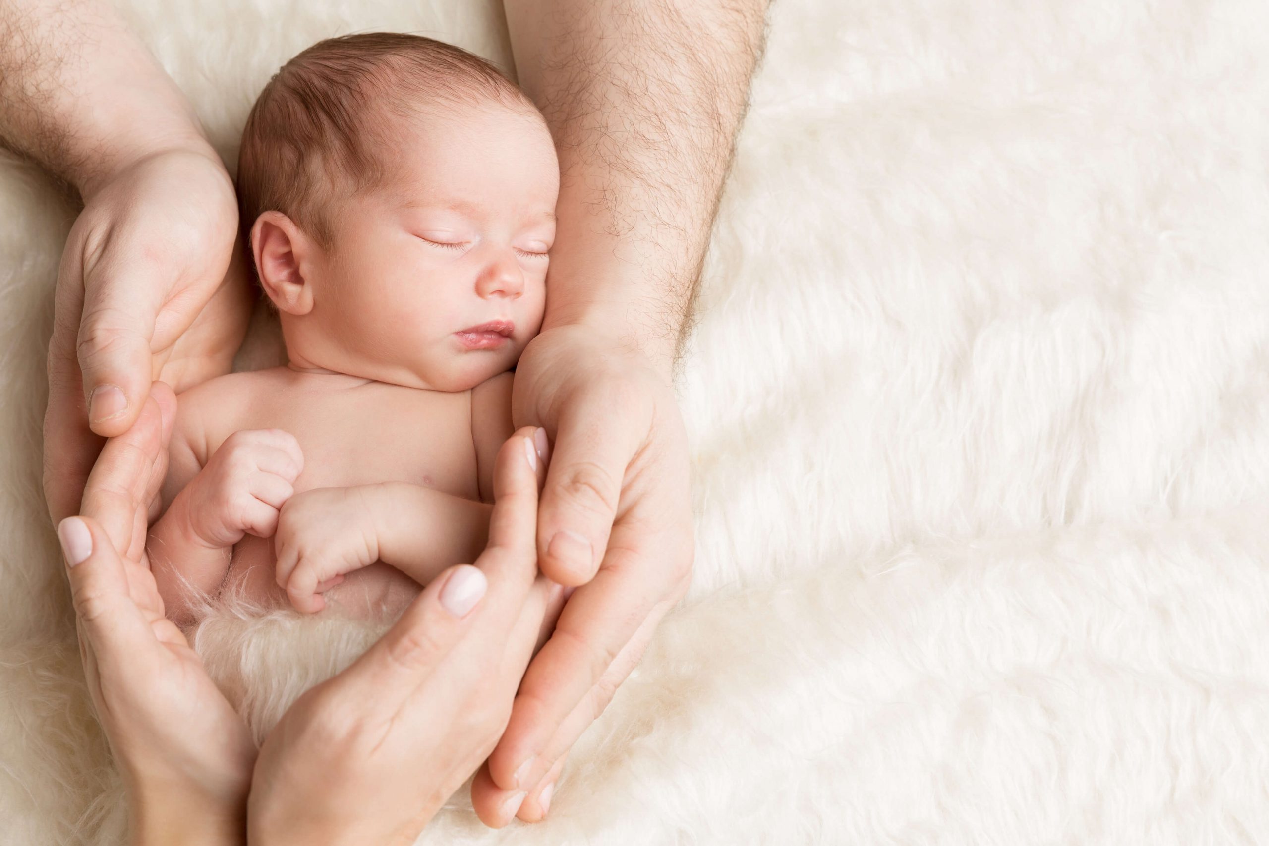 Neugeborenes nach der Geburt in den schützenden Händen der Eltern | Hebamme Annette Herkommer